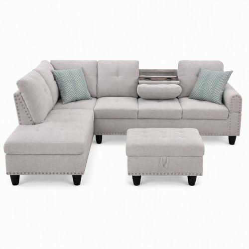 Faux Leather L-Shaped Sectional Sofa with Storage Ottoman & Cup Holders