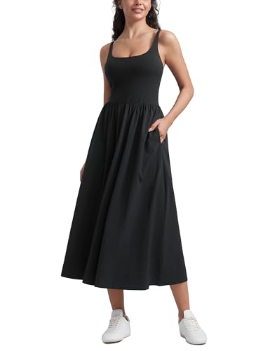 CRZ YOGA Maxi Square Neck Tank Dress for Women Summer Casual Travel Padded Sleeveless Flowy Outfits with Side Pockets Black Small