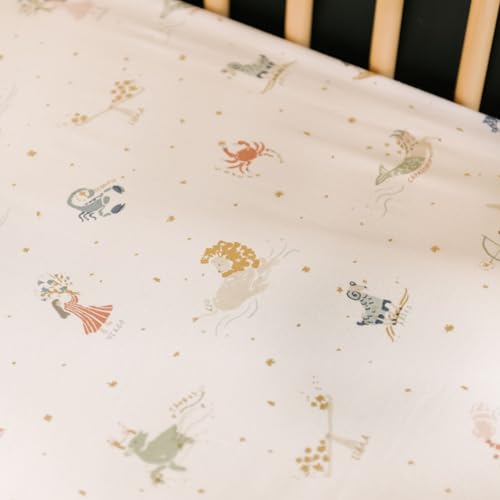 Image of Pehr Crib Sheet, Zodiac, Organic Cotton, 52 inch x 28 inch x 8 inch | Breathable Brushed Organic Cotton for Soft Sleep, Reusable Fabric Bag Packaging, Standard Crib Mattresses