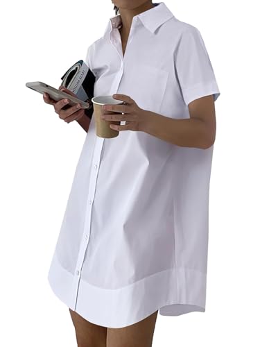 Rooscier Women's Casual Shirt Dress Collar V Neck Button Down Short Sleeve Loose Mini Dresses
