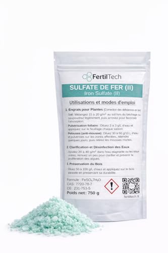 FertilTech Solfato di Ferro (II) 750 g – Concime Anti-Carenza di Ferro per Piante, Prato e Orto – Chiarificazione dell’Acqua, Trattamento del Legno & Antimuschio Ecologico