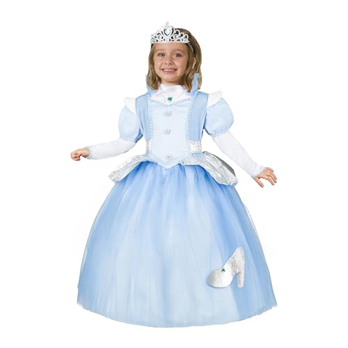 Ha una chiusura a zip sul dietro, ed è arricchito da applicazioni da fiorellini e da una scarpetta in argento sul davanti, il costume ha una cintura cucita con strappo, un sottogonna in tulle ed infine si completa con una corona argento.