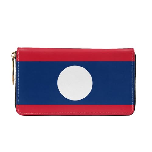Leather Women Wallets, Long Credit Card Holder, Flag of Laos Print Billfold Clutch & Travel Purse Large Capacity2