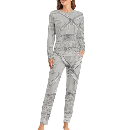 Pyjama femme Moulin À Vent avec t-shirt manches longues et pantalon de nuit