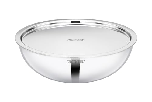 Image of Pradeep Triply Stainless Steel Tasla with SS Lid|3 Ply Tasla /Kadai /Wok|18 /10 Food Grade Steel|Induction&Gas|Heavy Gauge2.5 mm|Deep Kadhai for Frying,Saute,Curry Cooking|Cookware (22cm-1900ml)