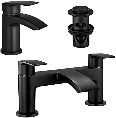 Mighbow Bath and Basin Mixer Taps Set with Pop up Waste Matte Black Waterfall Bathroom Sink Tap & Bathtub Filler Tap Cloakroom Mono Brass