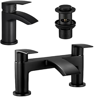 Mighbow Bath and Basin Mixer Taps Set with Pop up Waste Matte Black Waterfall Bathroom Sink Tap & Bathtub Filler Tap Cloakroom Mono Brass