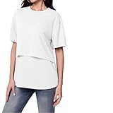 Hybursky Maternity Tops Short Sleeve Nursing T-shirt Lift-up Breastfeeding T Shirts Plain Round Neck Basic Nursing Top Loose Fit Pregnancy Clothes, White/L