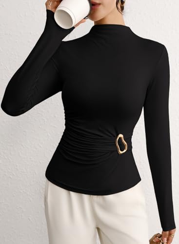 Pink Queen Women's 2025 Fall Long Sleeve Shirts Mock Neck Button Decor Ruched Slim Fit Going Out Tops4