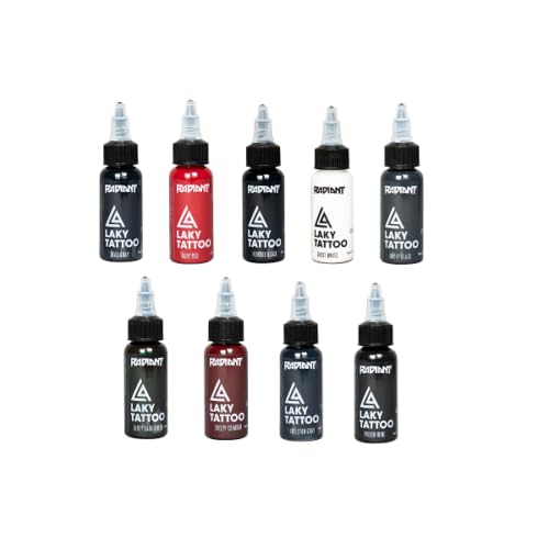 Radiant Colors Laky Tattoo Gore Ink Set - 9 Colors - 1 Ounce Bottles - Collector's Ink Set