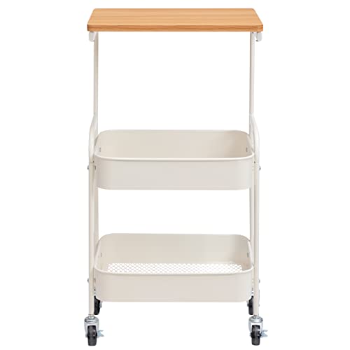 Agtek 3 Tier Storage Utility Rolling Cart With Wooden Board, Metal Organizer Removable Computer Desk Cart With Baskets And Wheels For Home & Office, White #TOP5