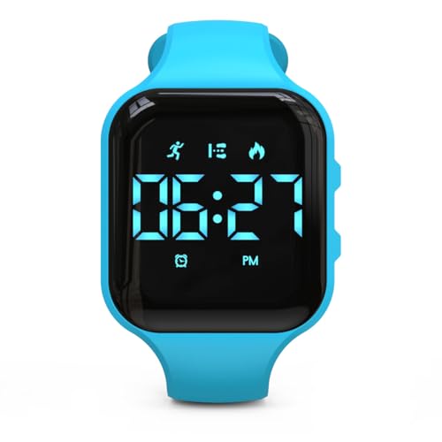 Focwony Kinder-LED-Fitness-Tracker-Uhr, Schrittzähleruhr Digitaluhr, Armbanduhr, Schrittzähler/Entfernung/Kalorien/Wecker, Tolles Geschenk für Kinder Teenager Mädchen Jungen (Blau-Quadrat)