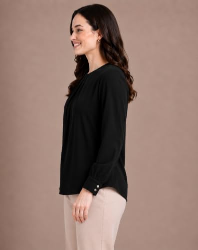 Image of Mirana Women's Full Sleeve Solid Top | Round Neck Pleated Front Regular Fit Office Casual Blouse with Button Cuffs