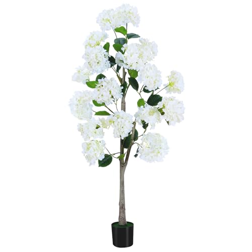 4FT White Artificial Hydrangea Tree in Pot Realistic Faux Flowering Tree with Silk Blooms and Natural Trunk for Front Door Porch Patio Home Garden Office Decor