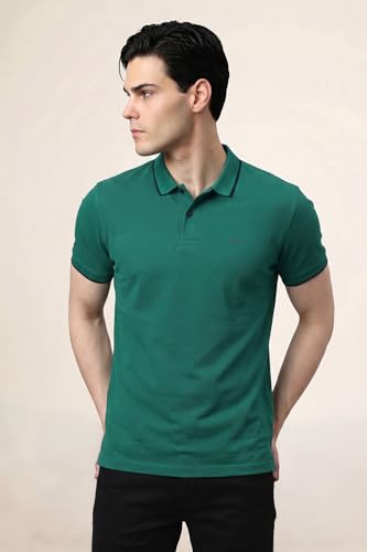 Image of Peter England Men's Snug Fit Solid Polo T-Shirt with Coloured Collar Tipping| Cotton Rich| Premium Pique Weave