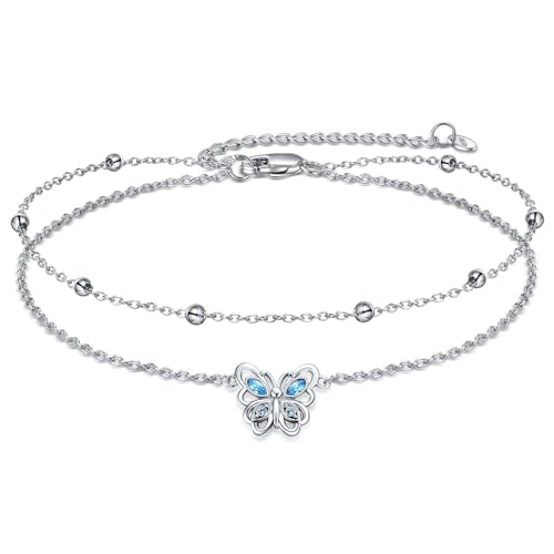 Image of POPLYKE 925 Sterling Silver Double Layered Chain Evil Eye Daisy Sunflower Butterfly Anklets for Women Holiday Beach Crystal Ankle Bracelet Dainty Evil Eye Jewelry