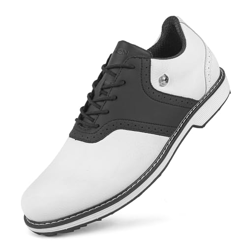 Men Golf Shoes Waterproof Professional Golf Footwears Spikes Spikeless Golf Walking Sneakers Turf Sports Golf Training Sneakers for Men (10,White Black-K05)