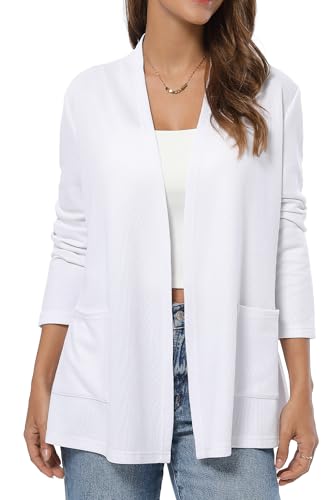 QUALFORT Lightweight Cardigan Duster for Women Long Sleeve Open Front Short Duster with Pockets 2026 White Medium — view 2