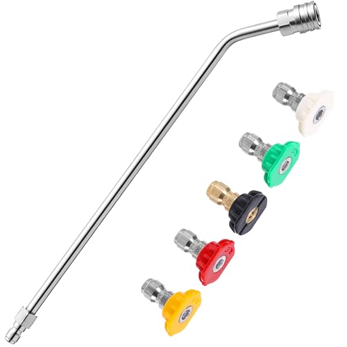FIXFANS Baguette d'extension incurvée à 45 degrés pour nettoyeur haute pression avec 5 buses de pulvérisation, raccord rapide de 6,35 mm, fixation pour nettoyeur de gouttière, 38,1 cm