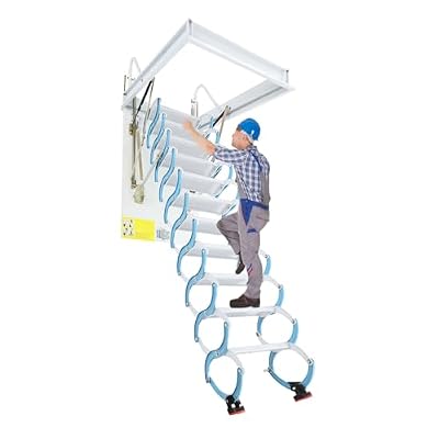 11 Steps Ceiling Mount Attic Ladder, Attic Stairs Pull Down System Folding Stairs w/Handrails, 9.18ft Vertial Height Attic Loft Ladder Retractable Stair Ladder for Attics, Up to 661lbs (Blue+White)