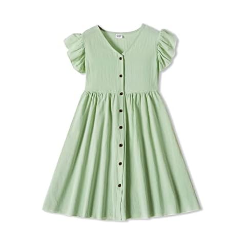 PATPAT Girls Linen Cotton Dresses V Neck Ruffle Sleeve Solid Color Sundress Kids Mini Dresses 3-12 Years, Green, 11-12Years Cover