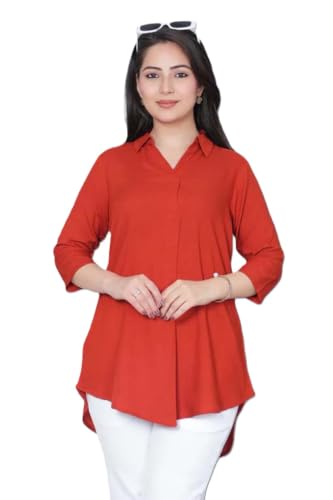 Image of Mlada Rayon Flare Top for Women | 3 /4th Sleeve Regular Fit and Flare Top | Women Office Tops Tunic | Western Long Shirt Top for Women | Shirt Collar Top for Women | Rayon Tunic Tops for Women Western