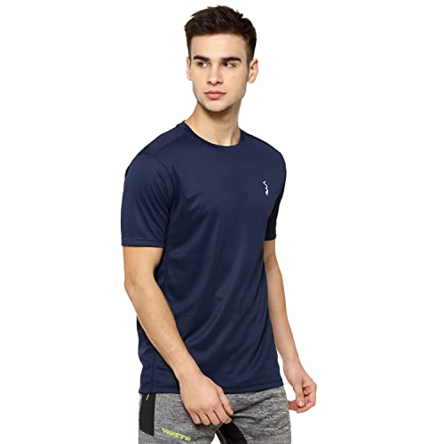 Image of CAHOOT Men Solid Crew Neck Sports T Shirt Navy