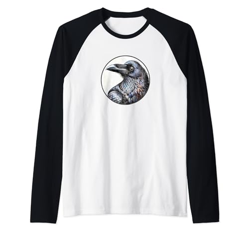 Colorato retrò Common Raven Bird Design Maglia con Maniche Raglan
