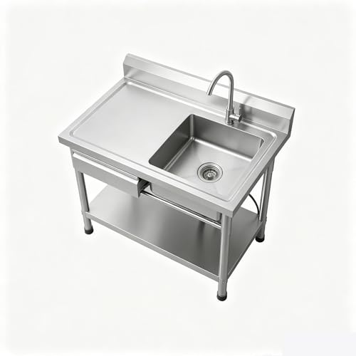 Workshop 304 Stainless Steel Washing Sink, Free Standing Single Bowl Kitchen Sink with Drawer, 39 Inch Heavy-duty Basin with Shelf for Garage Tool Cleaning