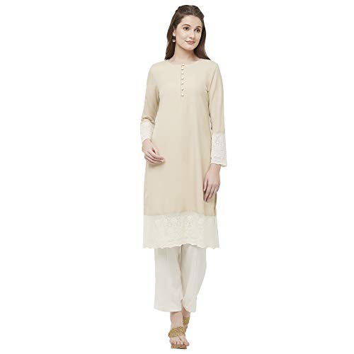 NAARI Beige Full Sleeves Embroidered Linolio & Cotton Net Kurti for Women's