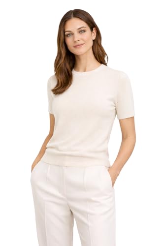 State Cashmere Women’s Essential Short Sleeve Crewneck Sweater 100% Pure Cashmere Classic Tee Pullover (Undyed White, Small)