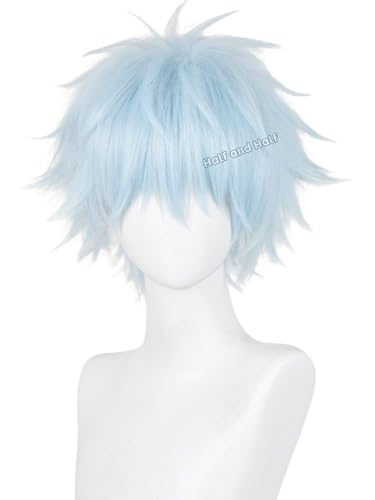 Image of Half and Half Short Light Blue Anime Cosplay Wig with Bangs for Men Sky Blue Male Game Wigs White Blue Spiky Layered Wigs for Women Unisex Halloween Party Costumes