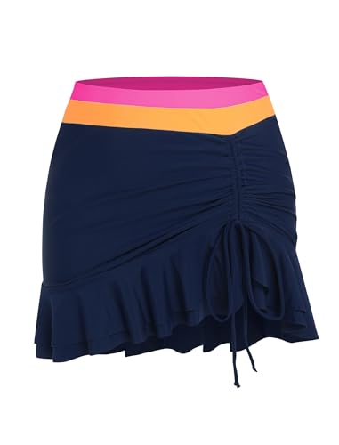 Image of ZAFUL Colorblock Bandeau Tankini Swimsuits for Women 2 Piece Tummy Control Bathing Suit Drawstring Ruffle Swim Skort
