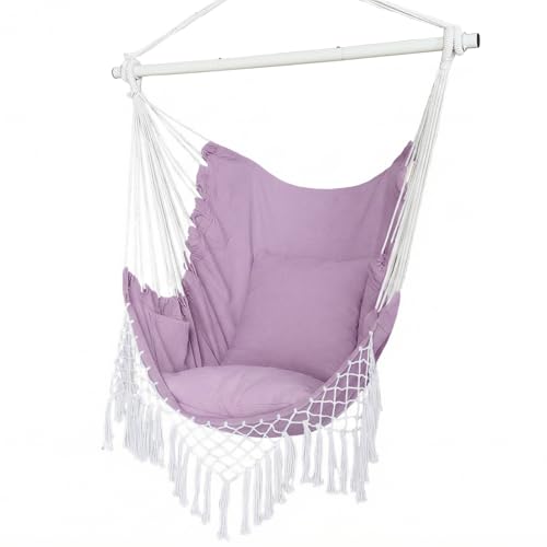 Hammock Chair, Hanging Rope Swing Seat with 2 Cushions,Macrame Hanging Chair Side Pocket with High Load-Bearing Metal Rod,for Indoor, Outdoor, Extra Comfortable (Light Purple)