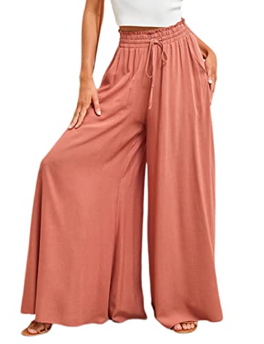 Women's Wide Leg Palazzo Maxi Flowy Pants Elastic High Waist Casual Drawstring Lounge Culotte with Pocket