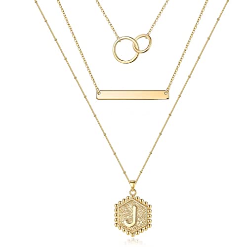 Layered Initial Necklaces For Women, Dainty Gold Necklace Letter J Initial Necklace Hexagon Bar Pendant Layering Necklace Gold Necklace For Women Trendy Jewelry Gifts Multi Layered Necklaces For Women #TOP7