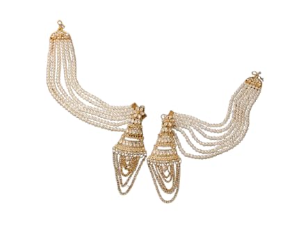 Traditional Pearl Saree Pin Brooch Pair for Women | Kundan Style Multi-Layer Pearl Chain Saree Shoulder Brooch | Bridal Saree Accessories | Ethnic Dress Decorative Pins | Gold Finish-picture-54