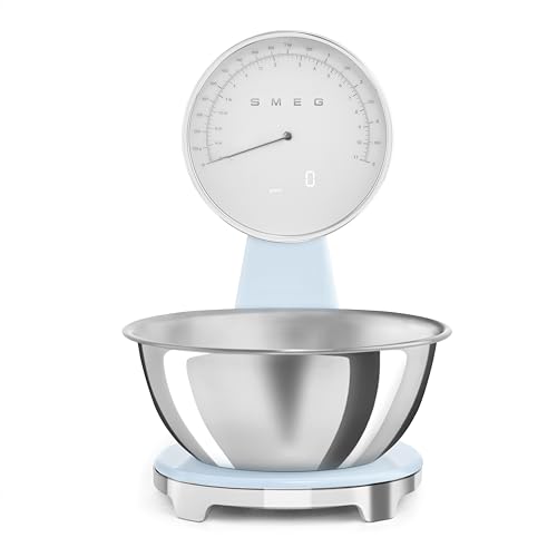 Smeg, Bilancia da Cucina Digitale e Analogica KSF01PBWW, Ciotola in Acciao Inox 1,8L Removibile, Quattro UnitĂ di Misura g/ml e lb.oz/fl.oz, con Funzione Tara, Portata Massima 5kg, Azzurro Pastello