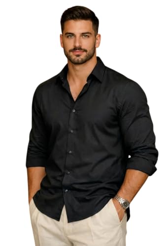 Image of IndoPrimo Men's Cotton Shirt with Stylish Full Sleeves Spread Collared Neck Solid Pattern Western Style Classic Fit and Standard Length | Casual Shirt for Man