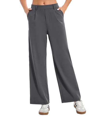 Oyamiki 7/8 Hose Damen Weite Stoffhose Freizeithose Kurzgröße Herbst Hohe Taille Business Elegante Damenhose mit Taschen Dunkelgrau S