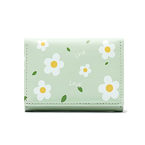 Damen Geldbörse aus Leder mit süßem Blumenmuster, schmal, dreifach gefaltet, kleine Geldbörse für Frauen und Mädchen, Grün Cover