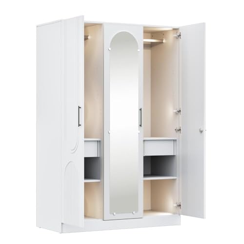 Image of Wakefit Wardrobe for Bedroom | 3 Yr Warranty | Cupboard for Bedroom, Almirah, Wooden Wardrobe, Comes with LED light, Storage Drawer, Mirror & Hanger, Density:680-750kg /m, Free Installation(Tyrian-FW)