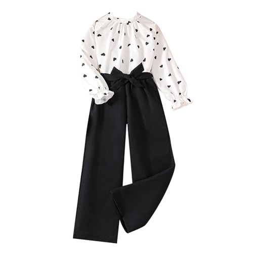 SoLu DAY8 Ensembles Enfant Fille 7-12 ans Chemise Tee Shirt Manche Longue Col Rond et Pantalon Jambe Large Fluide Ado Fille Chic et élégant Tailleur Pas Cher Confortable Mignon (White, 11-12 Years)