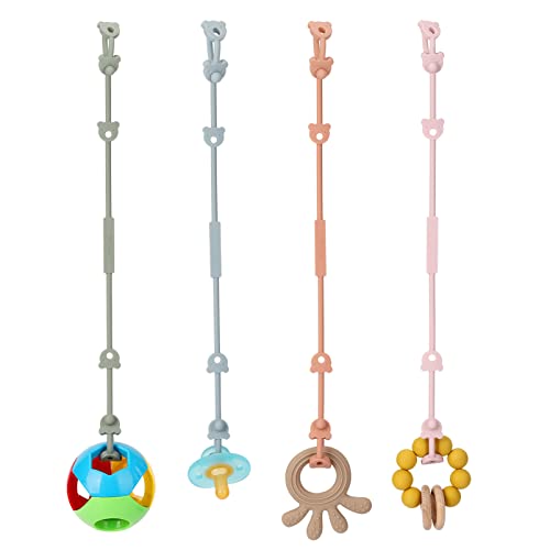 Image of Toy Safety Straps, AULEGE 4 Pack Stretchable Silicone Pacifier Clips, Adjustable Baby Bottle Toy Teethers Harness Straps for Strollers, High Chair, Hanging Baskets, Cribs, Shopping Trolley, Car Seat