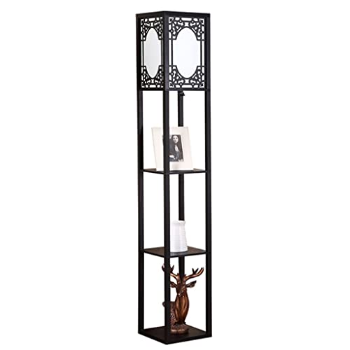 Floor Lamp Chinese Style Floor Lamp,Exquisite Standing Simple Wooden Vertical Lamp with Shelf Living Room Bedroom Furnishings Save Space (Color : Black)