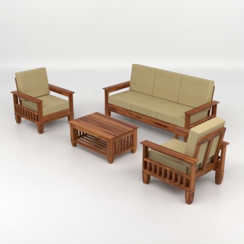 Image of Solid Sheesham Wood 5 Seater Sofa Set for Living Room | Premium Wooden Sofa with Side Magazine Rack | High-Density Cushioned Fabric Seats | Modern Home Furniture