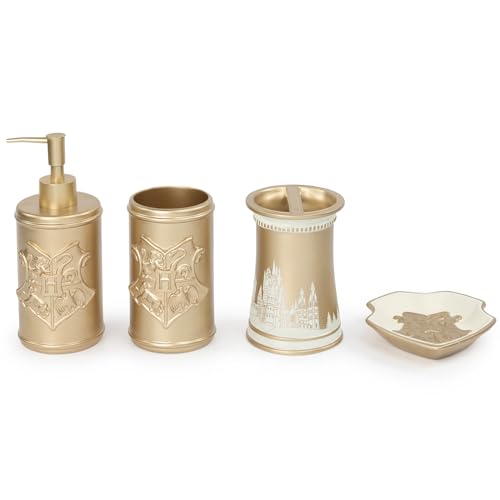 Harry Potter Bathroom Organizer Set - 4 Piece White and Gold Hogwarts Crest Accessories Includes Resin Soap Dispenser, Soap Dish, Toothbrush Holder and Tumbler - Bathroom Décor