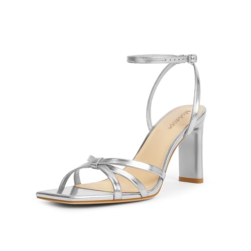 Modatope Silver Womens Sandals Square Open Toe Chunky Heels Strappy Ankle Strap Heels Dress Party Shoes Size 6