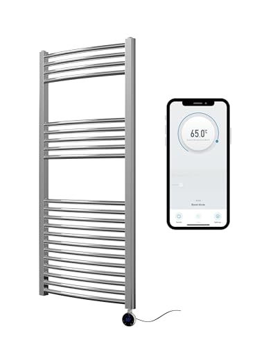 Greened House Chrome Electric Smart WiFi Controlled Heated Towel Rail 500mm W x 1200mm H Curved 7 Day Programmable Timer App Compatibility