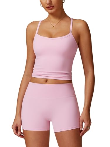 Image of ABOCIW 2 Pieces Workout Sets for Women, Cross Back Tank Top Matching High Waist Biker Shorts, Gym Yoga Pilates Outfits
